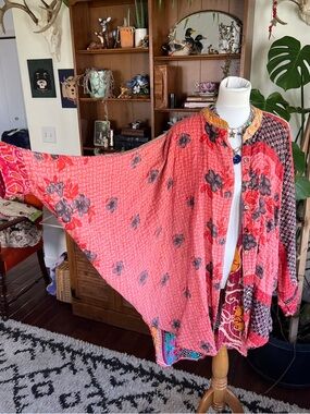 Wild Child Kantha Floral Coral Pink Dolman Sleeve Shirt Tunic Top OS NWOT